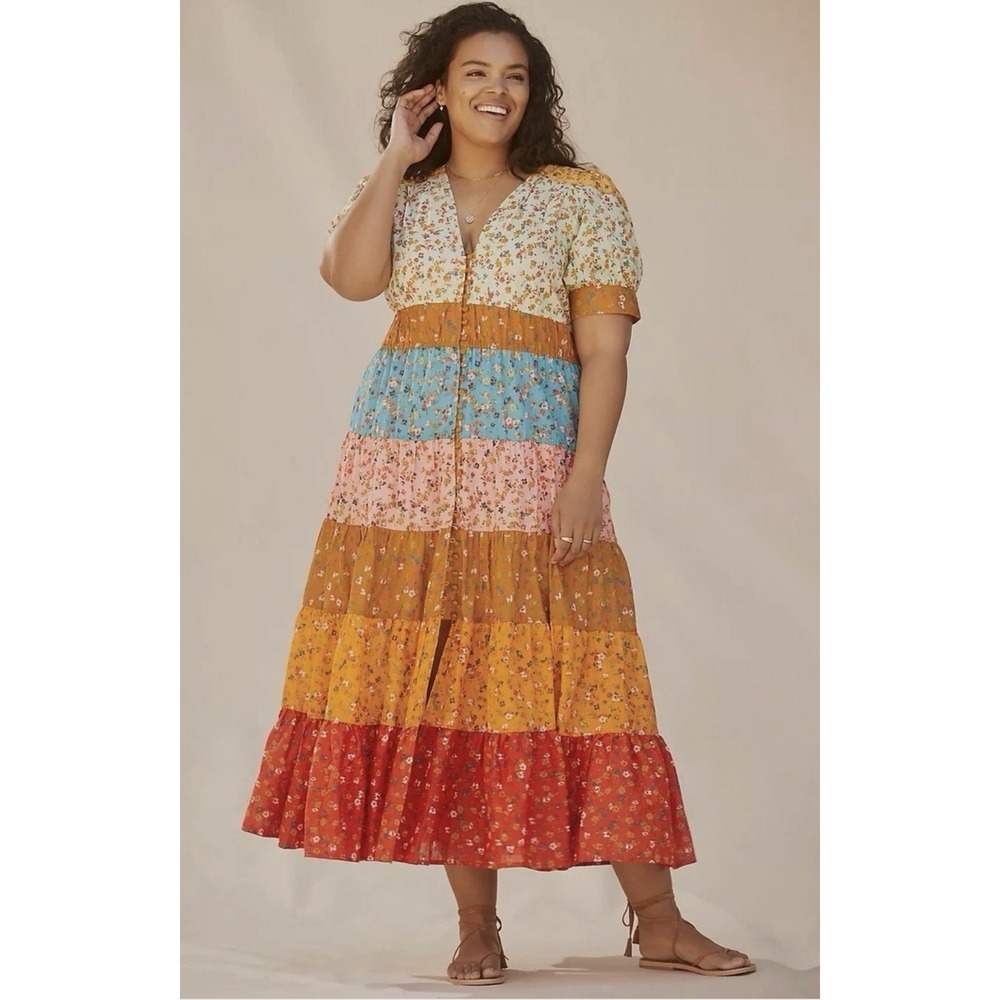 Anthropologie Tiered & True Maxi Dress 3X Patchwork Floral Boho Cotton Festival